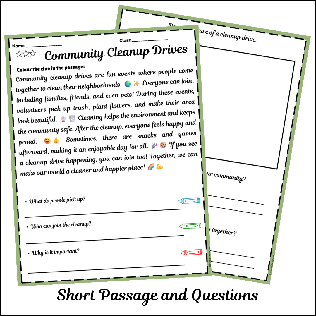 Community Cleanup Drives | Short Reading Comprehension Creative Worksheet
