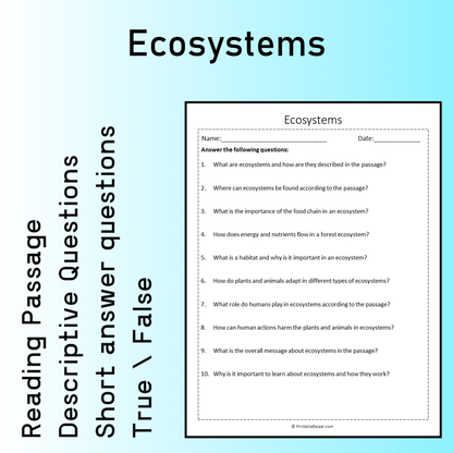 Ecosystems | Reading Comprehension Passage Printable Worksheet