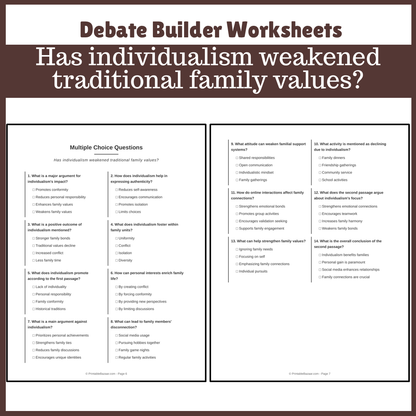 Has individualism weakened traditional family values? | Favour and Against Worksheet Printable Activity