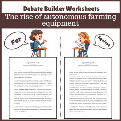 The rise of autonomous farming equipment | Favour and Against Worksheet Printable Activity