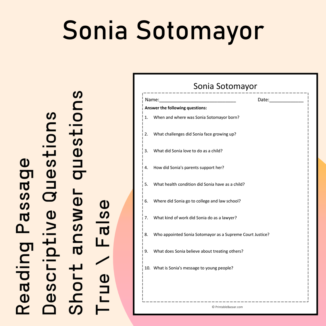 Sonia Sotomayor | Reading Comprehension Passage Printable Activity