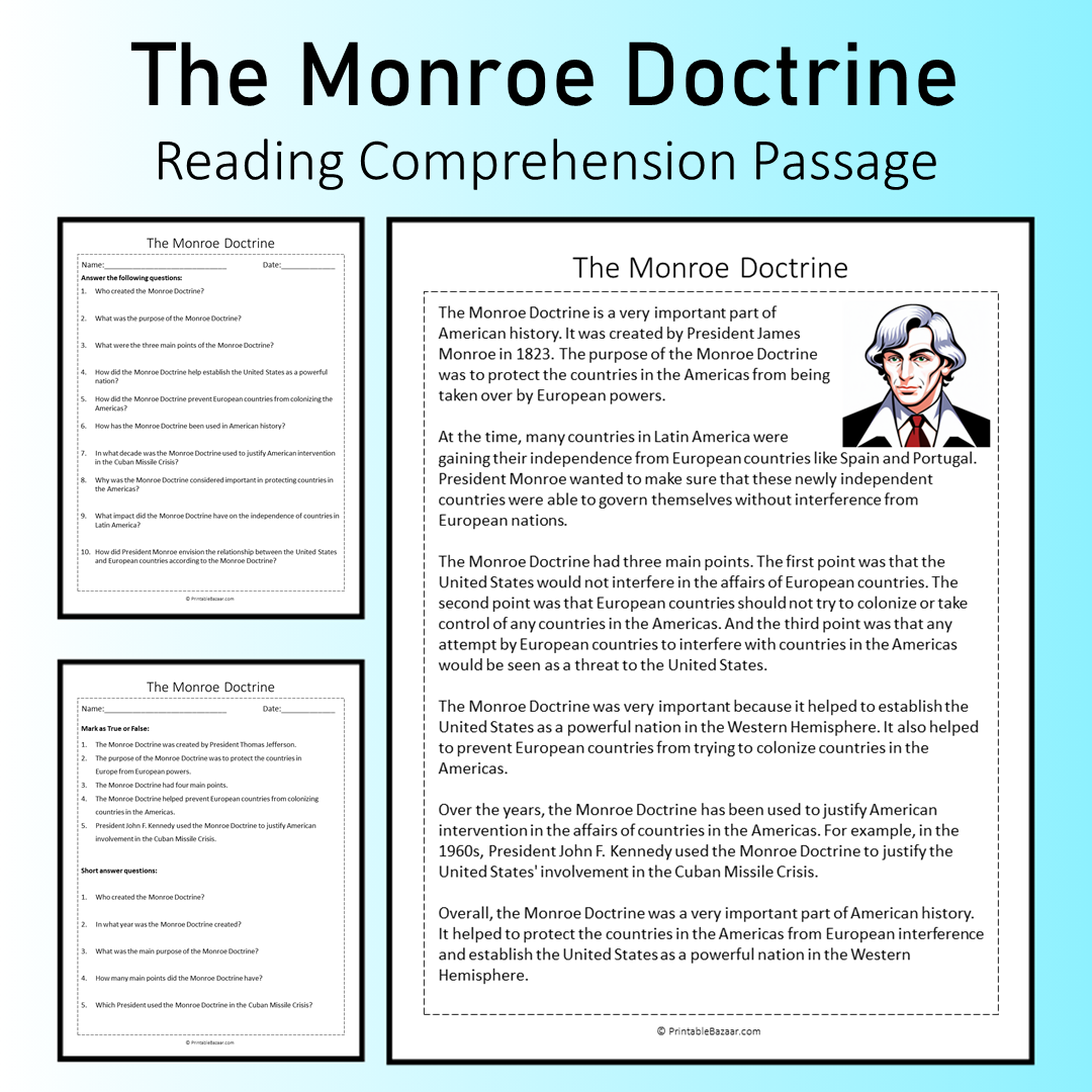 The Monroe Doctrine | Reading Comprehension Passage Printable Worksheet