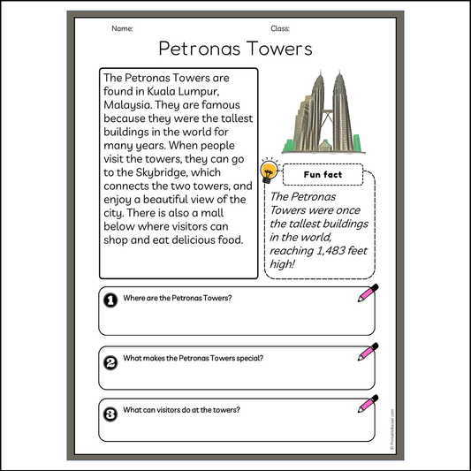 Petronas Towers | Reading Passage Comprehension Questions Writing Facts Worksheet