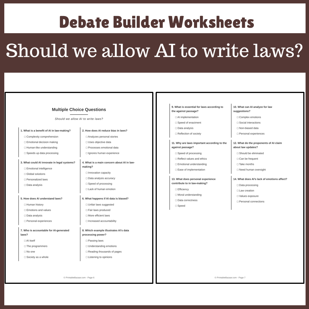 Should we allow AI to write laws? | Favour and Against Worksheet Printable Activity