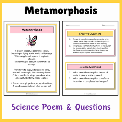 Metamorphosis | Science Poem Reading Comprehension Activity