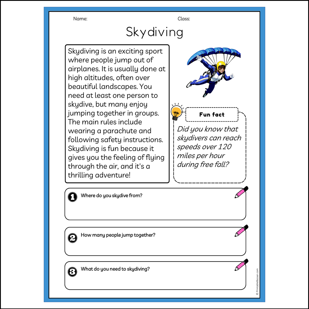 Skydiving | Reading Passage Comprehension Questions Writing Facts Worksheet