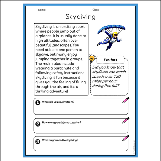 Skydiving | Reading Passage Comprehension Questions Writing Facts Worksheet