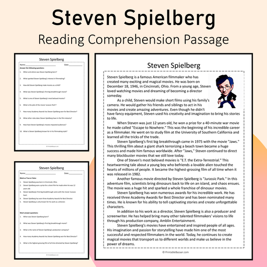 Steven Spielberg | Reading Comprehension Passage Printable Activity