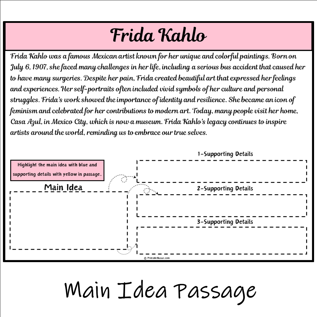 Frida Kahlo | Main Idea and Supporting Details Reading Passage and Questions