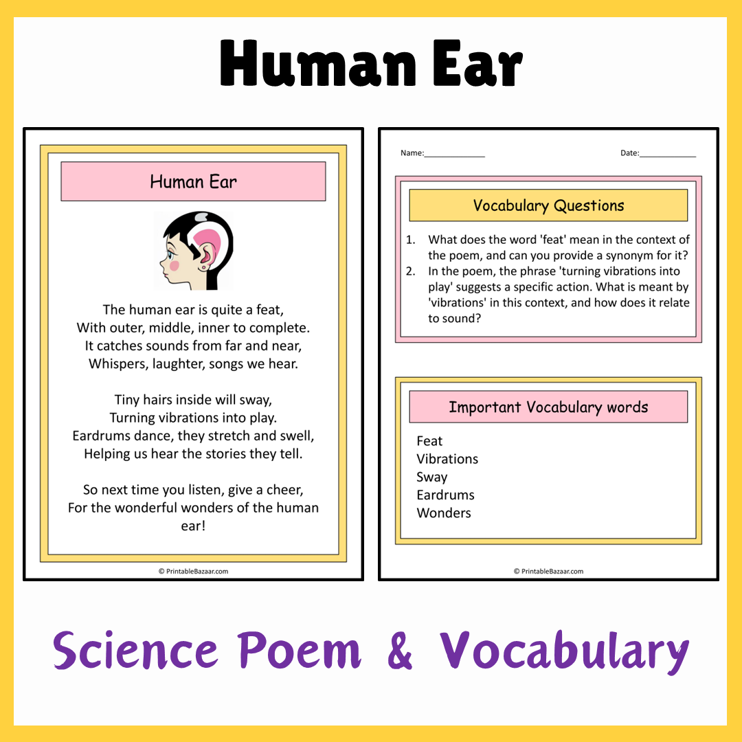 Human Ear | Science Poem Reading Comprehension Activity