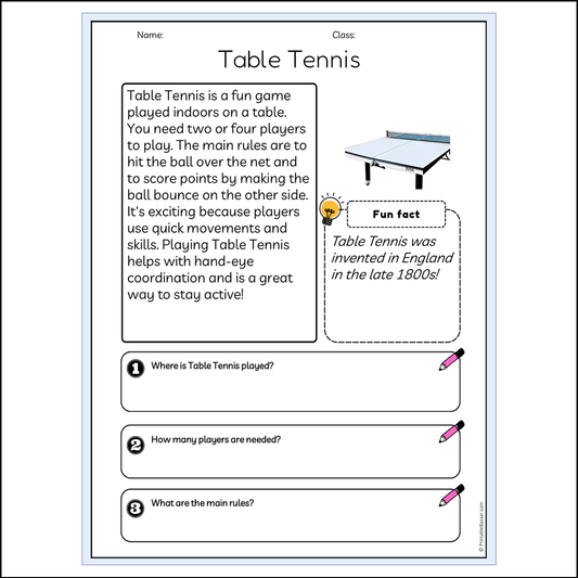 Table Tennis | Reading Passage Comprehension Questions Writing Facts Worksheet