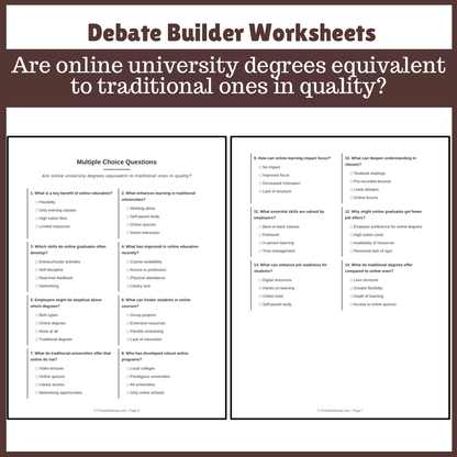 Are online university degrees equivalent to traditional ones in quality? | Favour and Against Worksheet Printable Activity