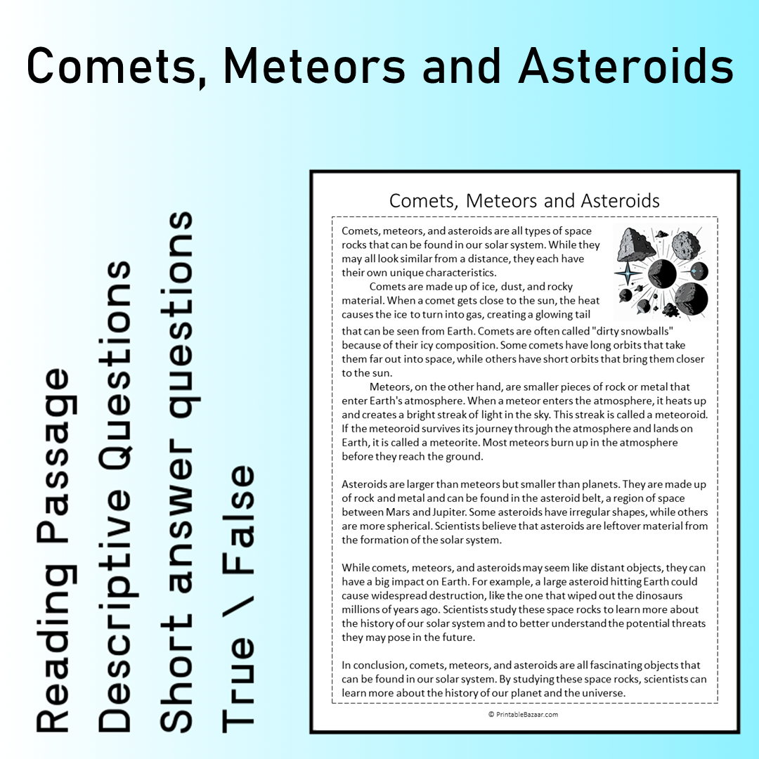 Comets, Meteors and Asteroids | Reading Comprehension Passage Printable Worksheet