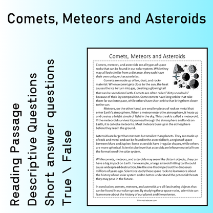 Comets, Meteors and Asteroids | Reading Comprehension Passage Printable Worksheet