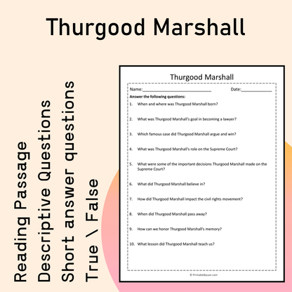 Thurgood Marshall | Reading Comprehension Passage Printable Activity