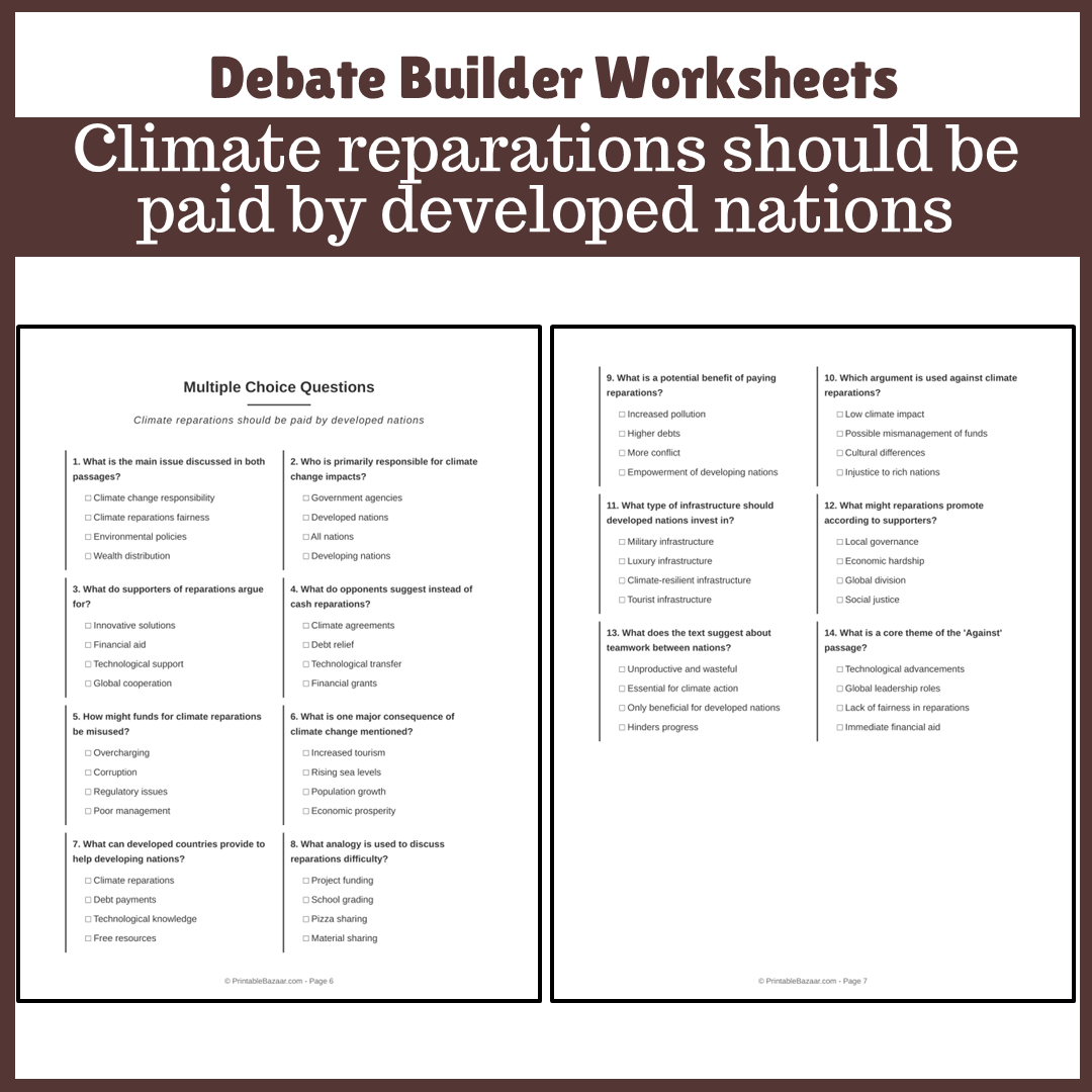 Climate reparations should be paid by developed nations | Favour and Against Worksheet Printable Activity