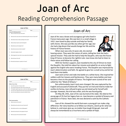 Joan of Arc | Reading Comprehension Passage Printable Activity