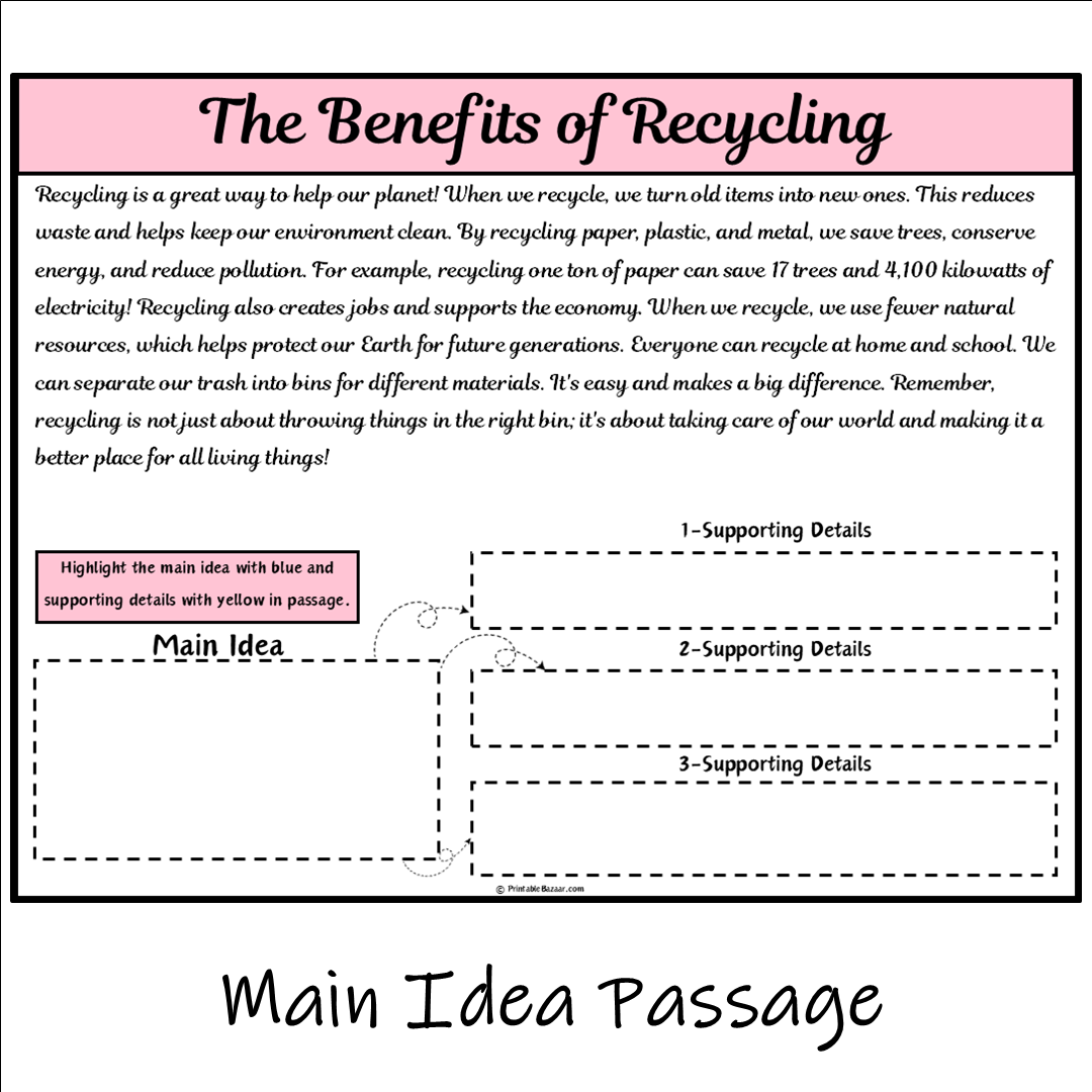 The Benefits of Recycling | Main Idea and Supporting Details Reading Passage and Questions