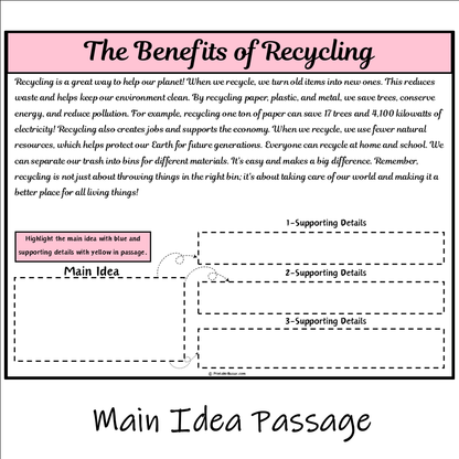 The Benefits of Recycling | Main Idea and Supporting Details Reading Passage and Questions