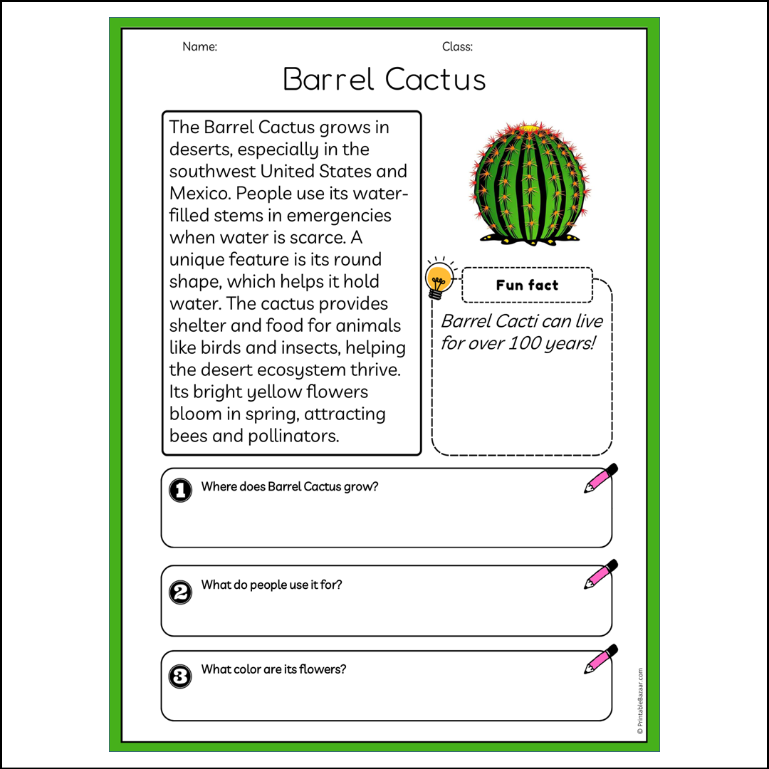 Barrel Cactus | Reading Passage Comprehension Questions Writing Facts Worksheet