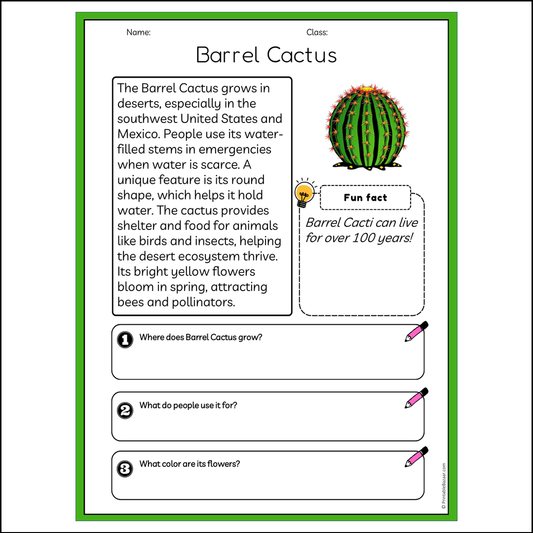 Barrel Cactus | Reading Passage Comprehension Questions Writing Facts Worksheet