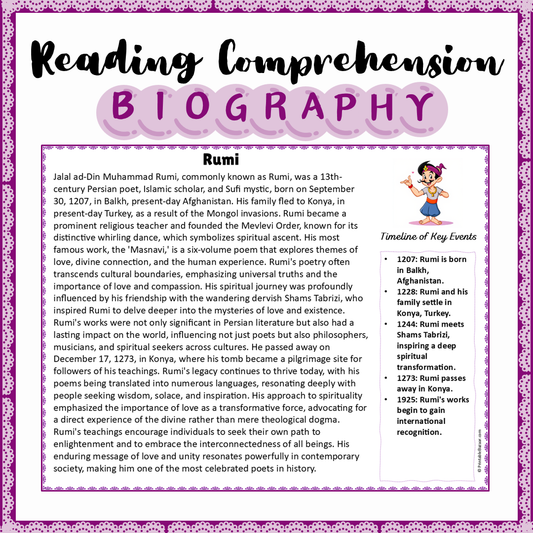 Rumi | Biography Reading Comprehension and Questions Worksheet