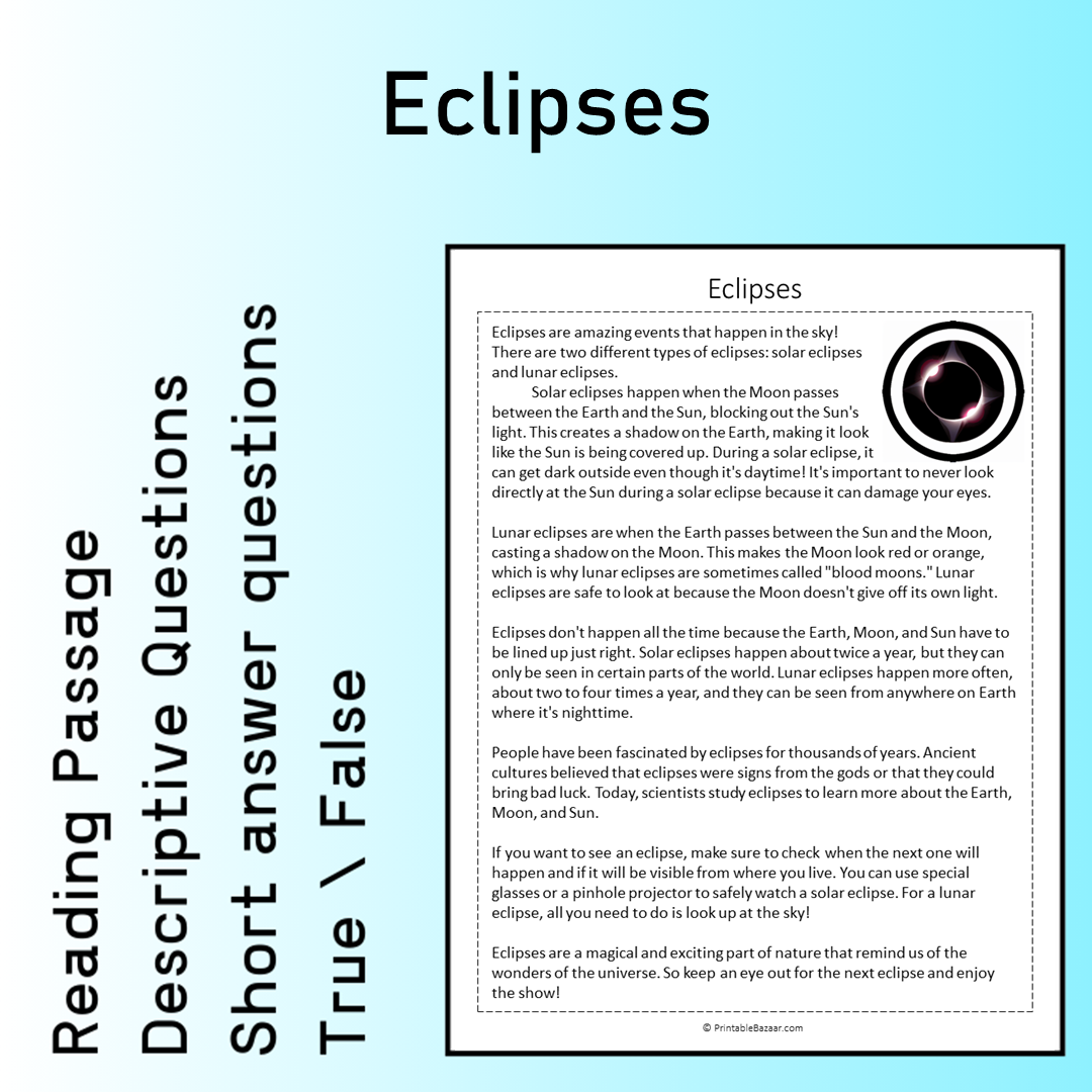 Eclipses | Reading Comprehension Passage Printable Worksheet