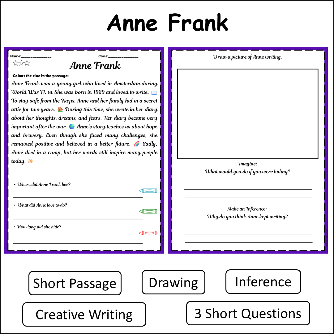 Anne Frank | Short Reading Comprehension Creative Worksheet