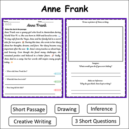 Anne Frank | Short Reading Comprehension Creative Worksheet