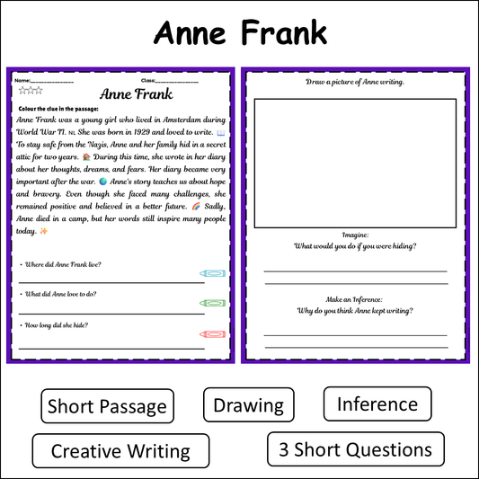 Anne Frank | Short Reading Comprehension Creative Worksheet