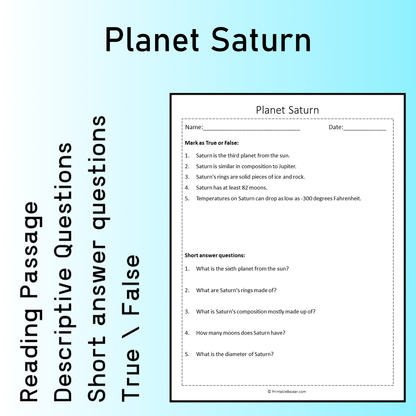 Planet Saturn | Reading Comprehension Passage Printable Worksheet