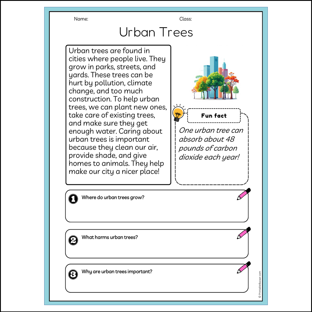 Urban Trees | Reading Passage Comprehension Questions Writing Facts Worksheet