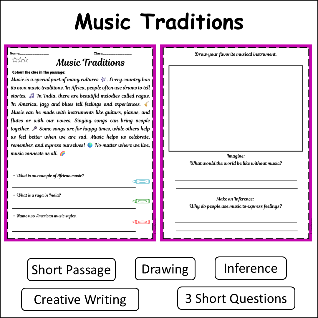 Music Traditions | Short Reading Comprehension Creative Worksheet