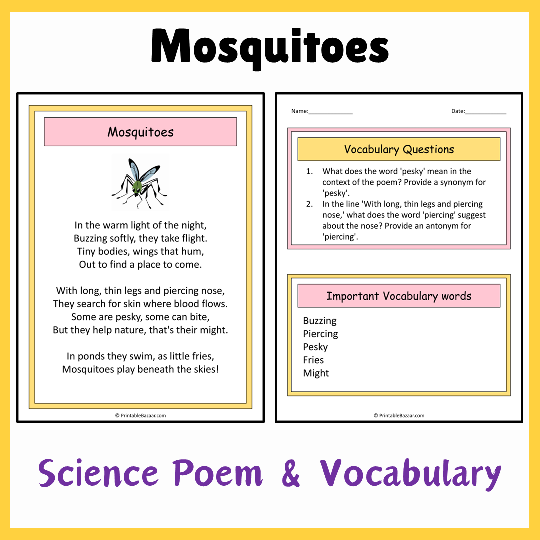 Mosquitoes | Science Poem Reading Comprehension Activity