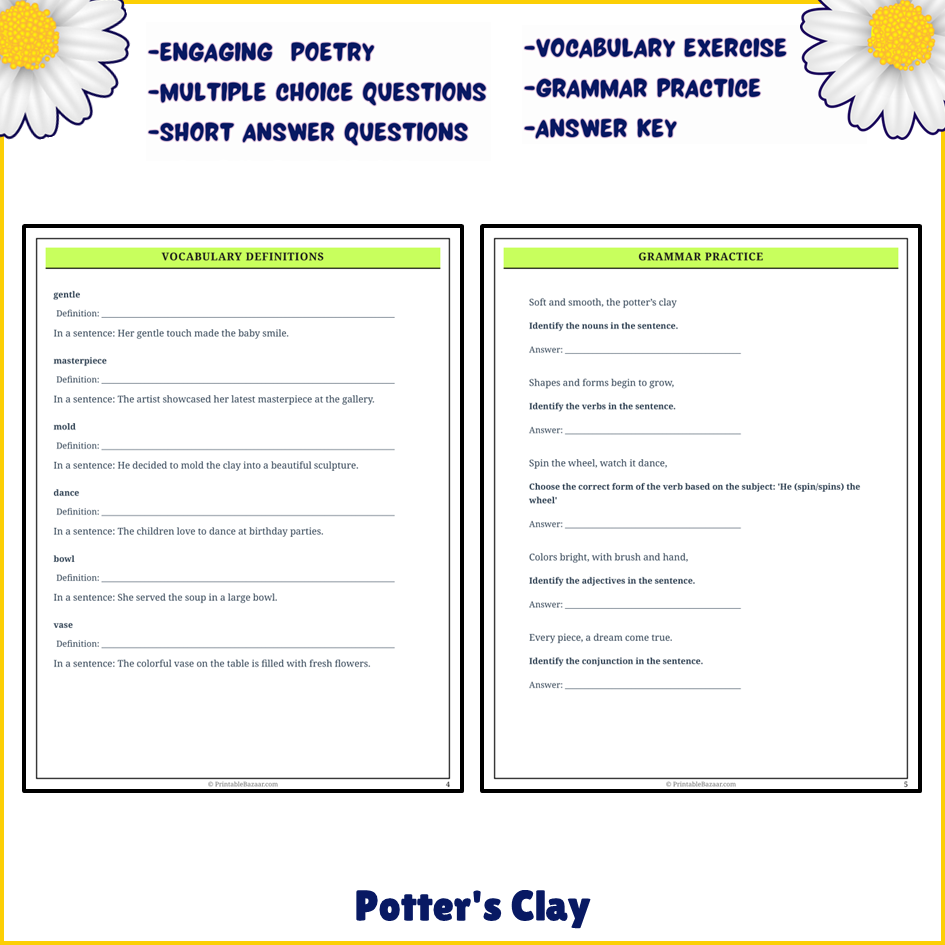 Potter's Clay | Poem Grammar Worksheet Printable Activity