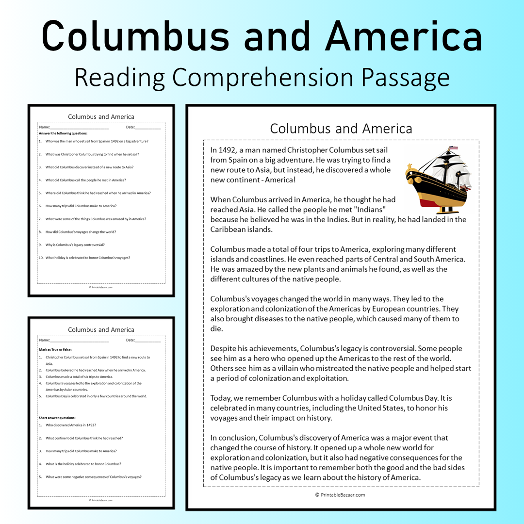 Columbus and America | Reading Comprehension Passage Printable Worksheet