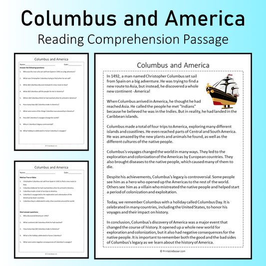 Columbus and America | Reading Comprehension Passage Printable Worksheet
