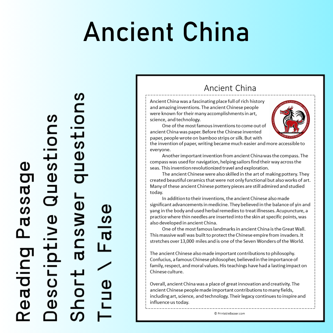 Ancient China | Reading Comprehension Passage Printable Worksheet