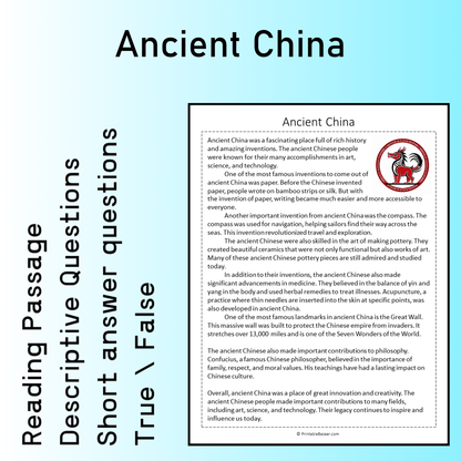 Ancient China | Reading Comprehension Passage Printable Worksheet
