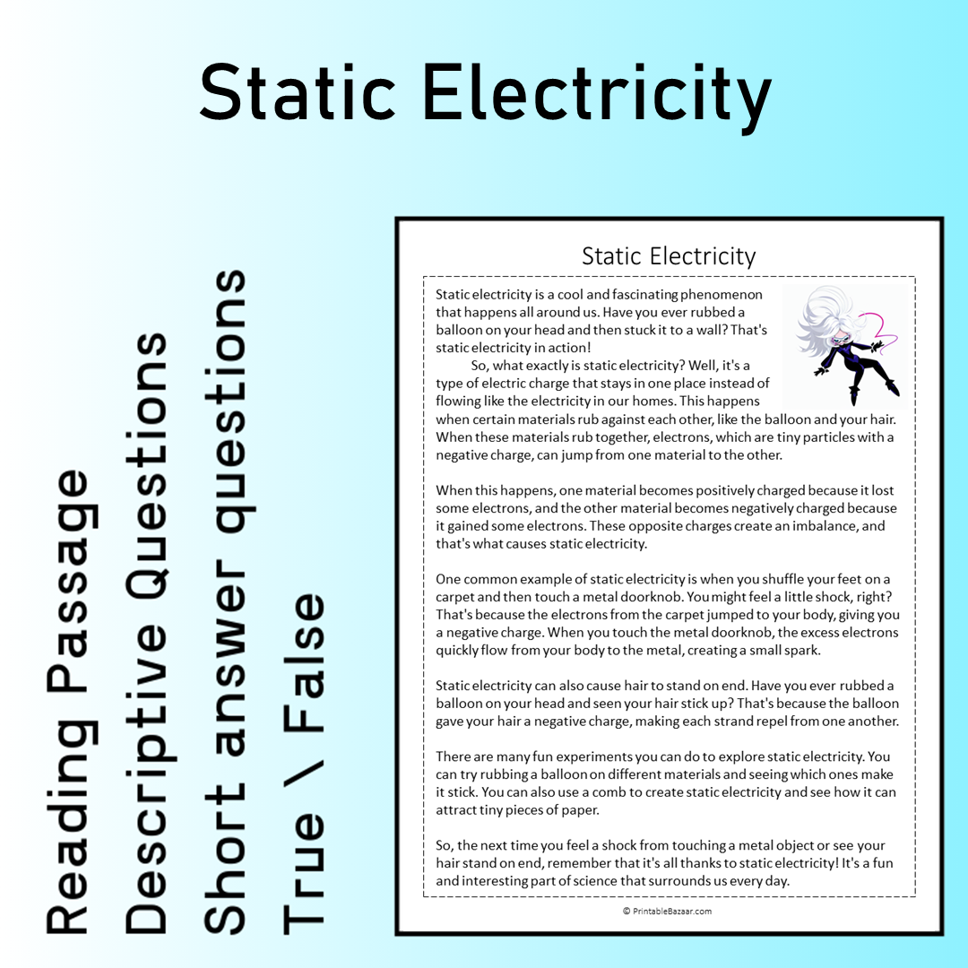 Static Electricity | Reading Comprehension Passage Printable Worksheet