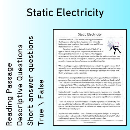 Static Electricity | Reading Comprehension Passage Printable Worksheet