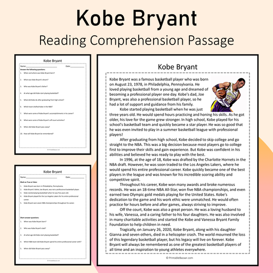 Kobe Bryant | Reading Comprehension Passage Printable Activity