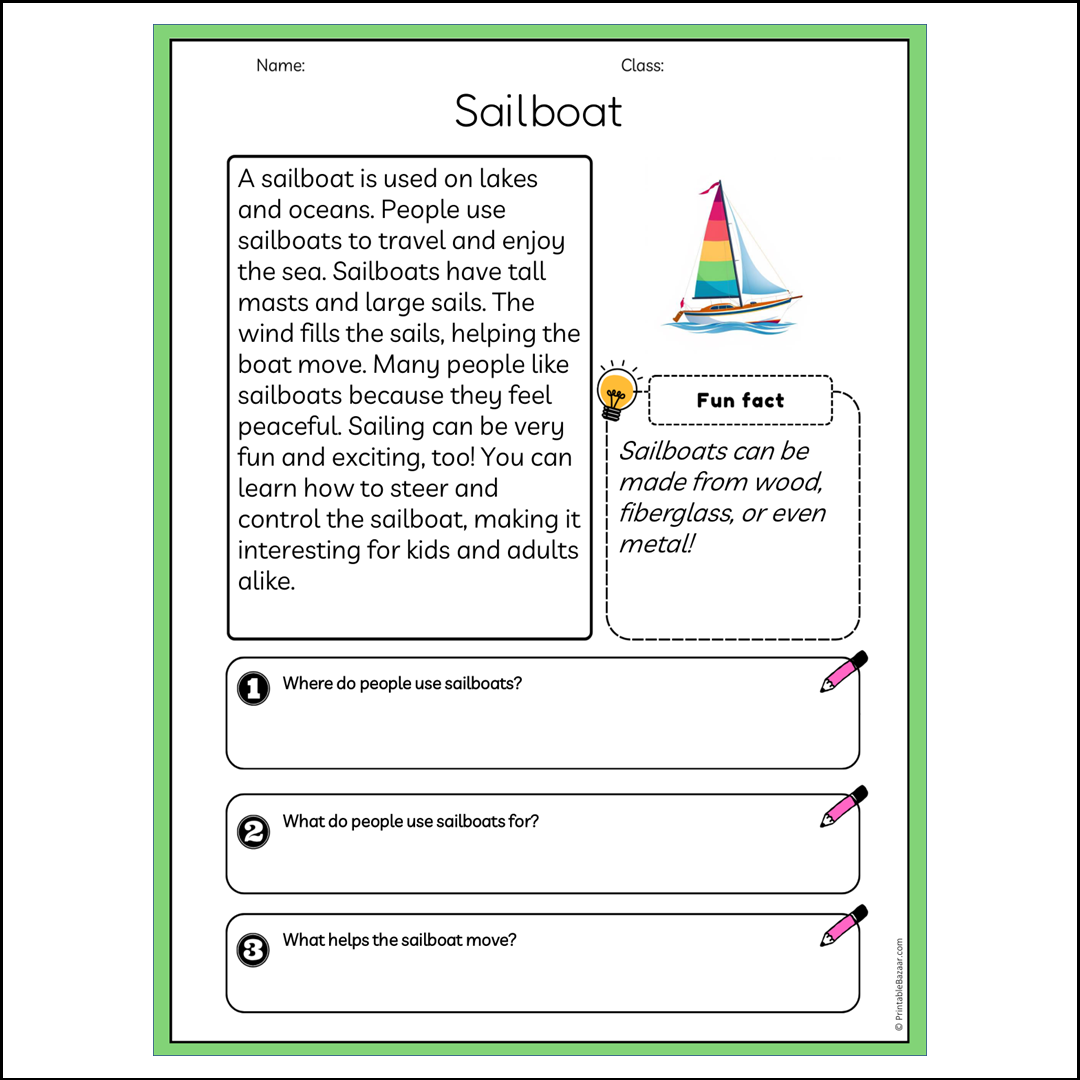 Sailboat | Reading Passage Comprehension Questions Writing Facts Worksheet