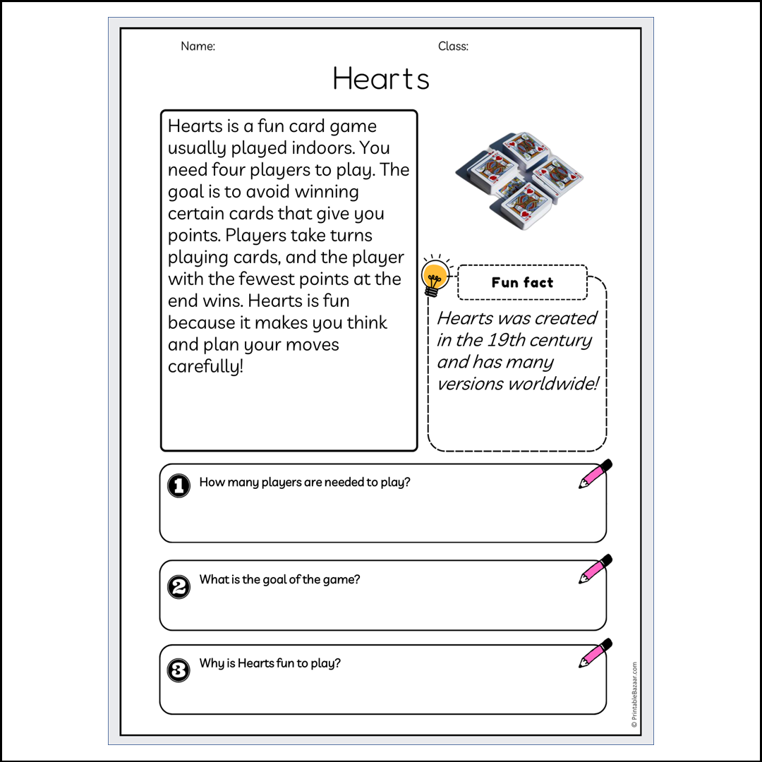 Hearts | Reading Passage Comprehension Questions Writing Facts Worksheet