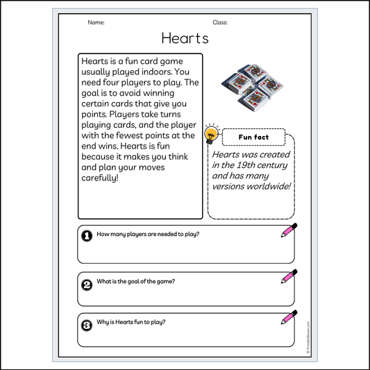 Hearts | Reading Passage Comprehension Questions Writing Facts Worksheet