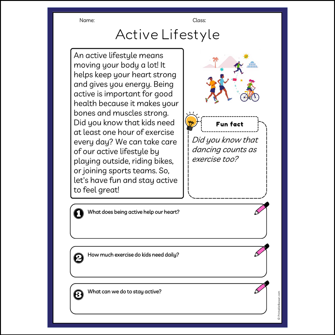 Active Lifestyle | Reading Passage Comprehension Questions Writing Facts Worksheet