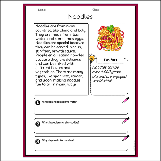 Noodles | Reading Passage Comprehension Questions Writing Facts Worksheet