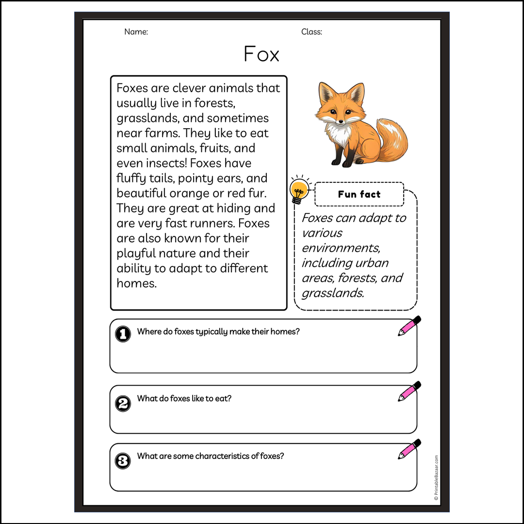 Fox | Reading Passage Comprehension Questions Writing Facts Worksheet