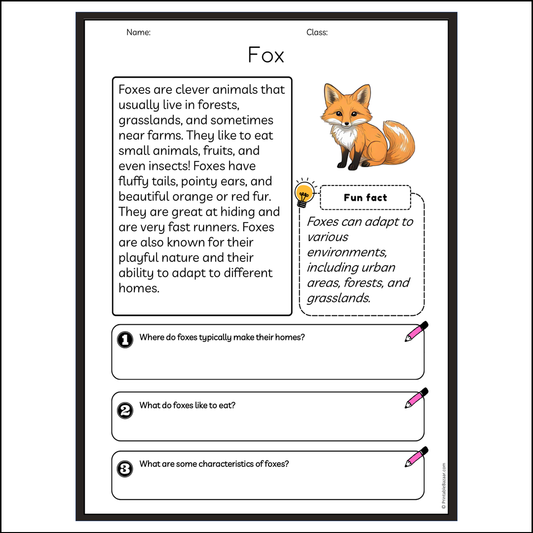 Fox | Reading Passage Comprehension Questions Writing Facts Worksheet