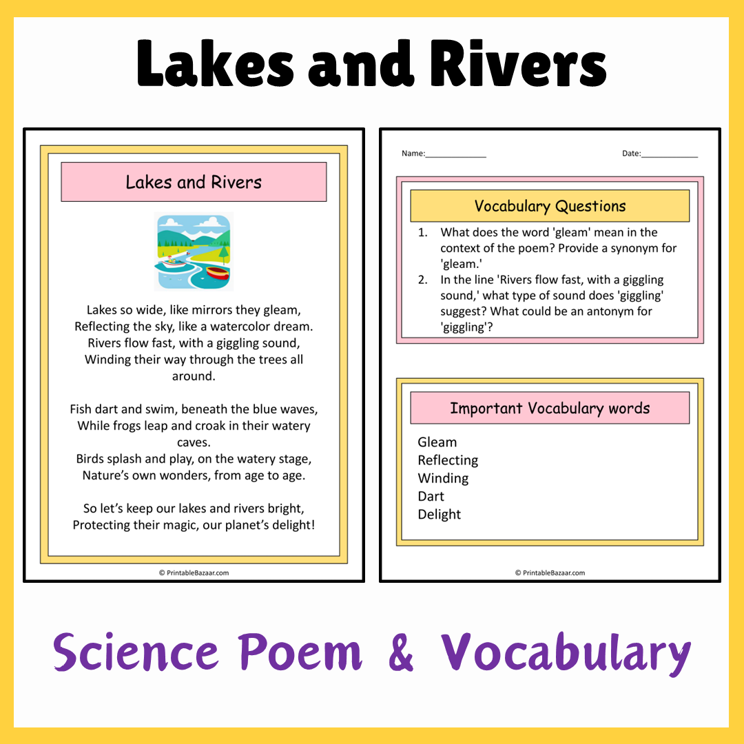 Lakes and Rivers | Science Poem Reading Comprehension Activity